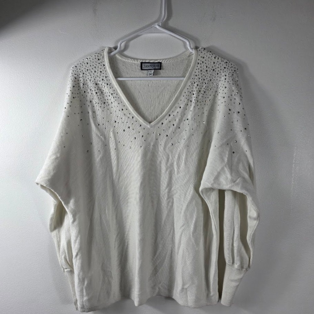 Sam‎ and Jess Embellished Rhinestone V Neck Sweater Knit Top White Size L